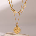 18K Gold Coin Pendant Paperclip Chain Layered Necklace Set