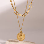 18K Gold Coin Pendant Paperclip Chain Layered Necklace Set