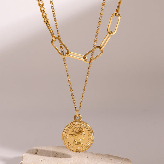 18K Gold Coin Pendant Paperclip Chain Layered Necklace Set