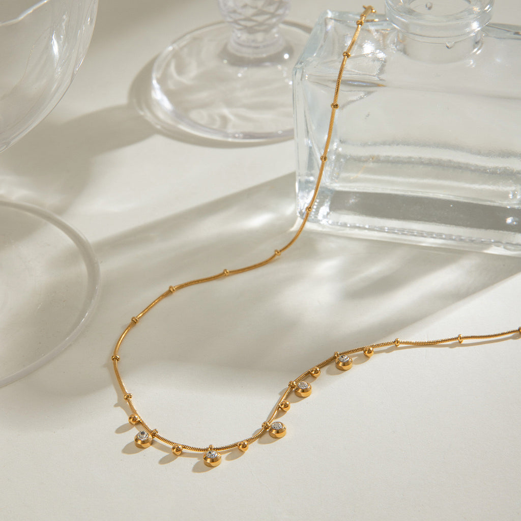 18K Gold CZ Sprinkle Beaded Chain Dainty Necklace