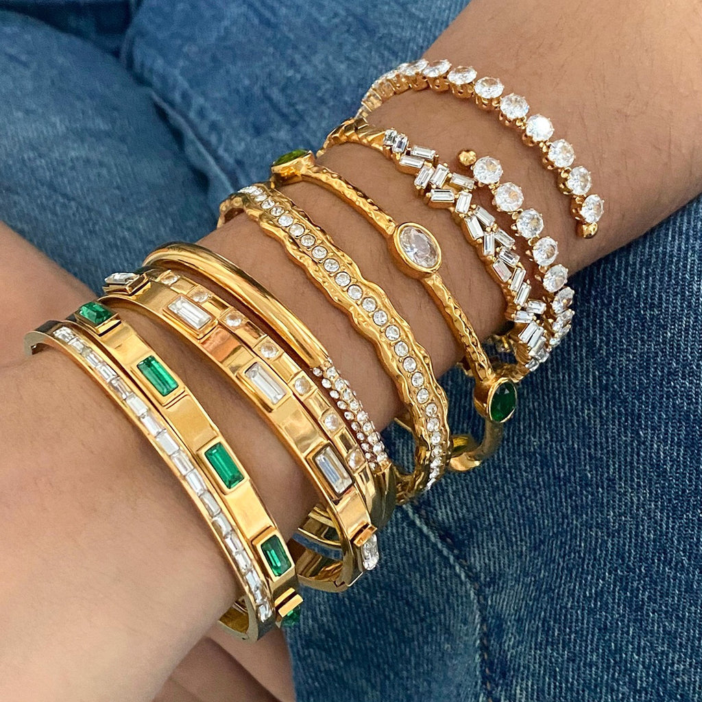 18K Gold Empire Glam CZ Bangle Bracelets Stack