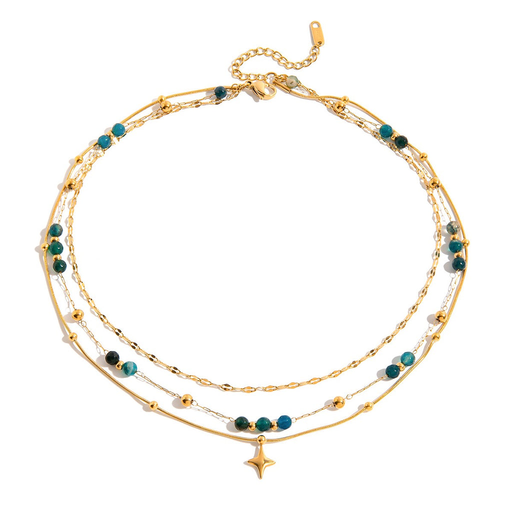 18K Gold Dainty Star Pendant Ocean Blue Beaded Layered Necklace Set