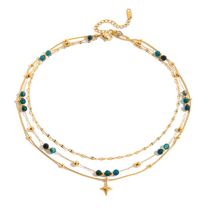 18K Gold Dainty Star Pendant Ocean Blue Beaded Layered Necklace Set