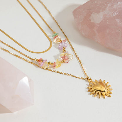 18K Gold Heart Pendant Gemstone Beaded Herringbone Snake Chain Layered Necklace Set
