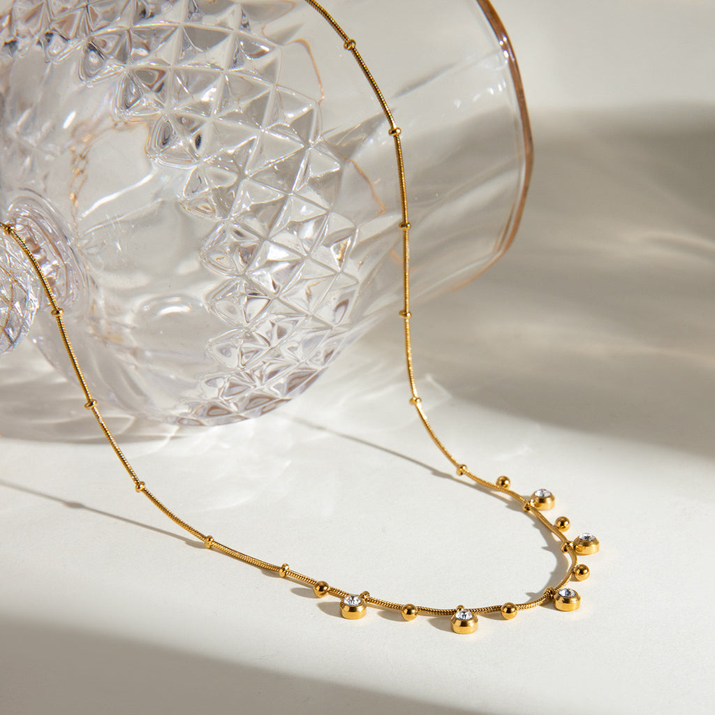 18K Gold CZ Sprinkle Beaded Chain Dainty Necklace