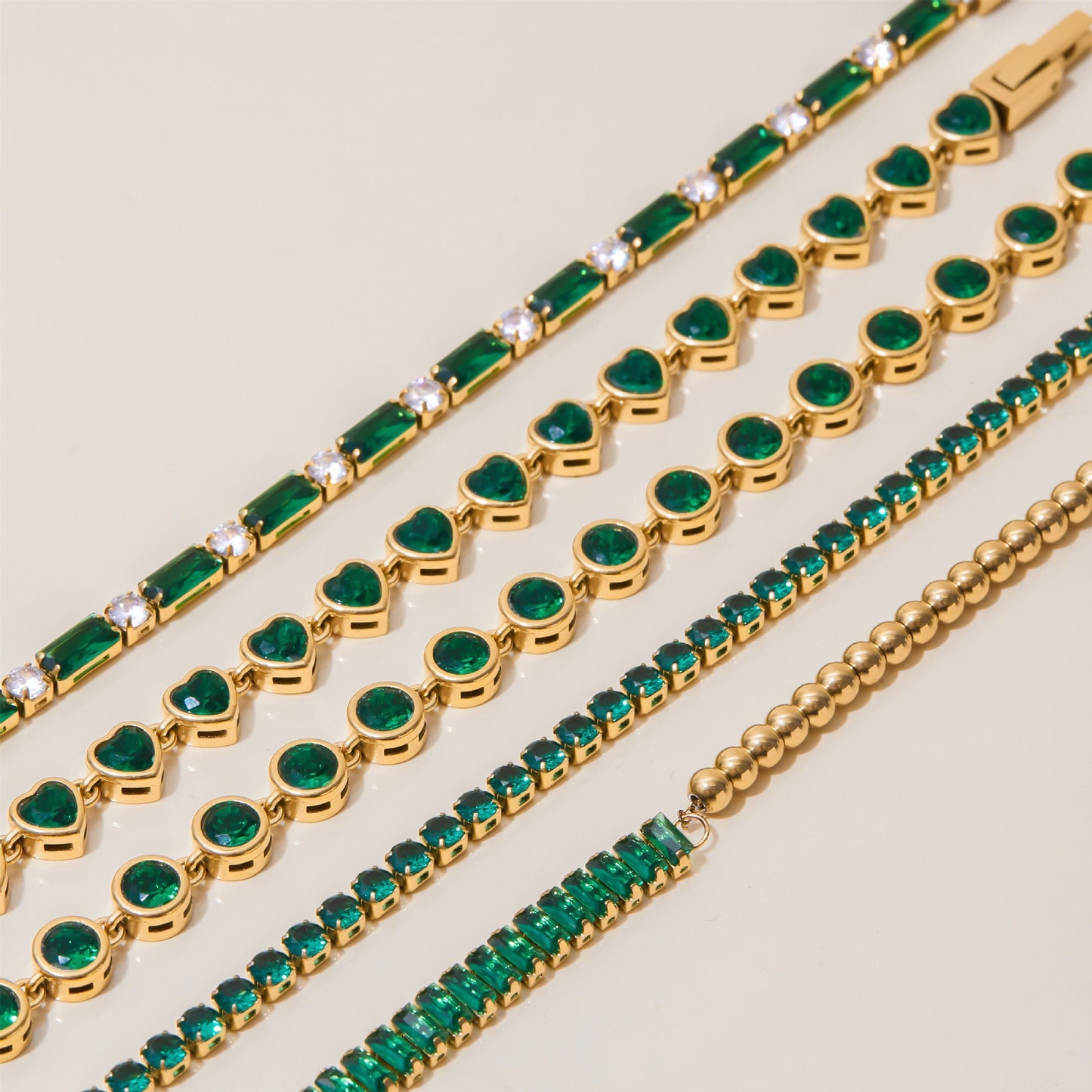 18K Gold Green Royale Emerald Tennis Chain Bracelet Stack