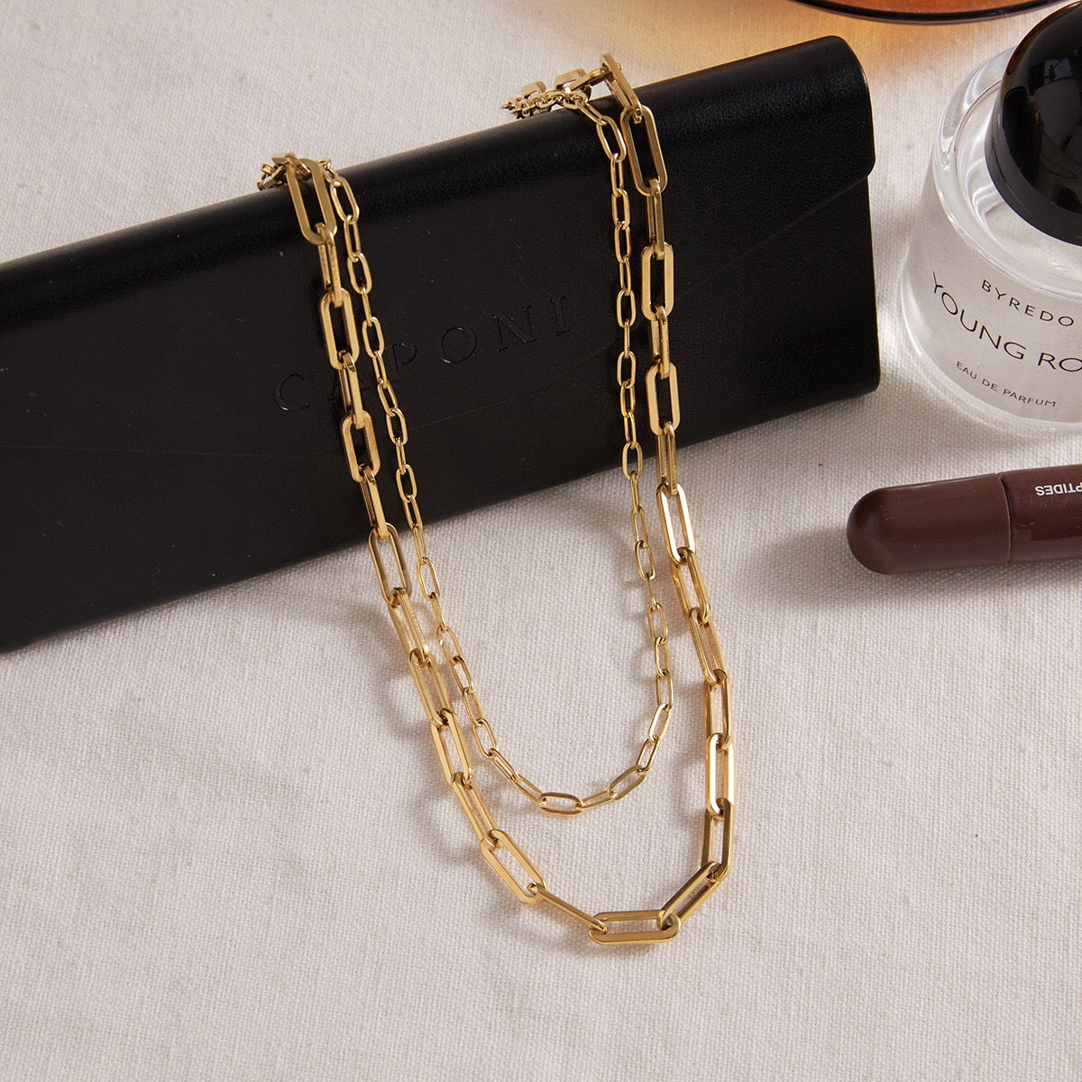 18K Gold Modern Edge Paper Clip Double Chain Layered Necklace Set