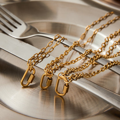 18K Gold Carabiner Paperclip Cuban Link Cable Chain Charm Necklace