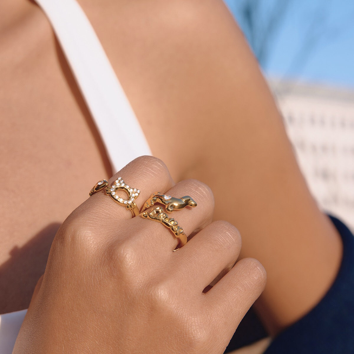 18K Gold Paws and Purrs Pave Cat and Dog Cuff Ring