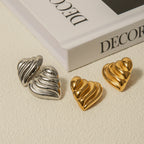 18K Gold Ribbed Heart Statement Stud Earrings