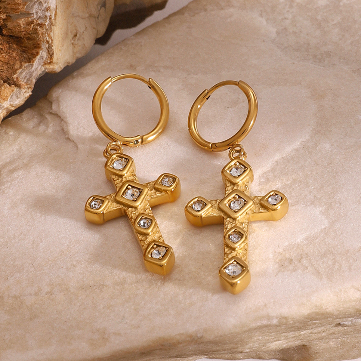 18K Gold Bling Cross Huggie Earrings with Charm