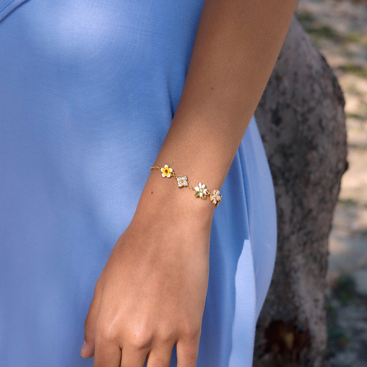 18K Gold Enchanted Garden Flower Dragonfly Butterfly Dainty Bracelet
