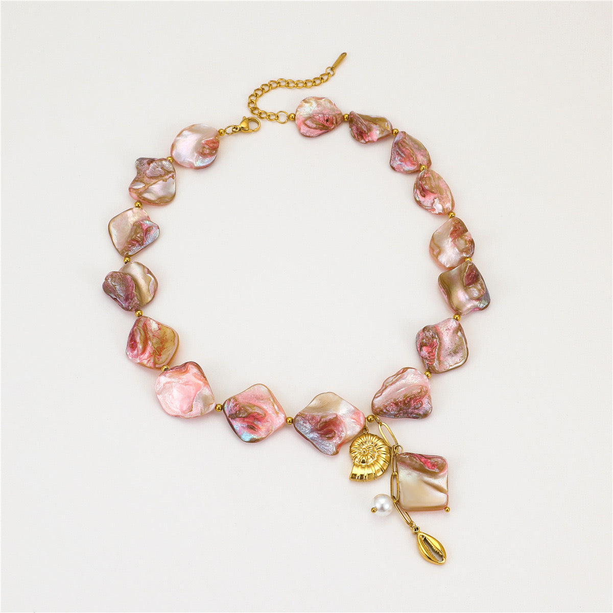 18K Gold Pink Seashell Chunky Statement Summer Necklace