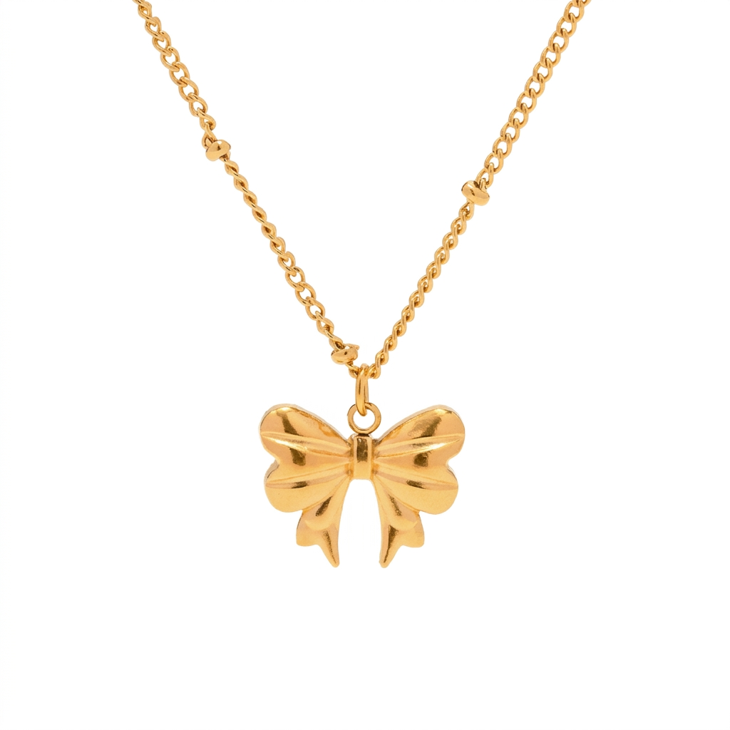 18K Gold Dainty Bow Pendant Necklace