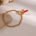 18K Gold Italian Horn Pearl Charm Bracelet