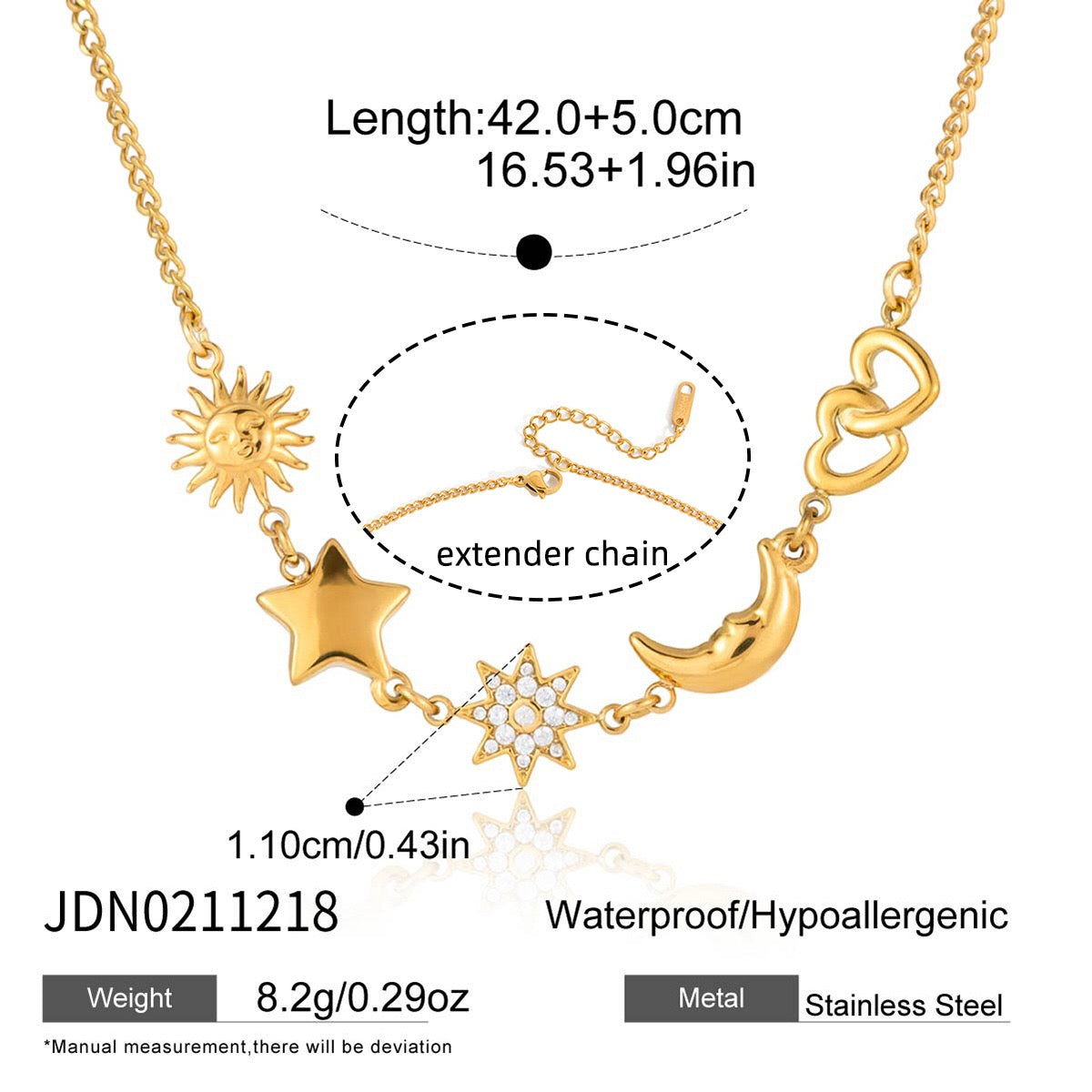 18K Gold Celestial Dream Sun Moon Star Heart Charm Necklace