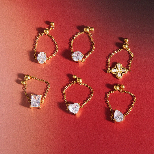 18K Gold Spark Drop Heart Clover Flower Adjustable Chain Ring