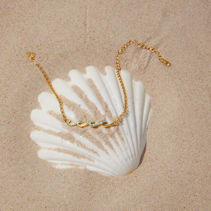 18K Gold Ocean Whisper Pave Blue Wave Dainty Chain Bracelet