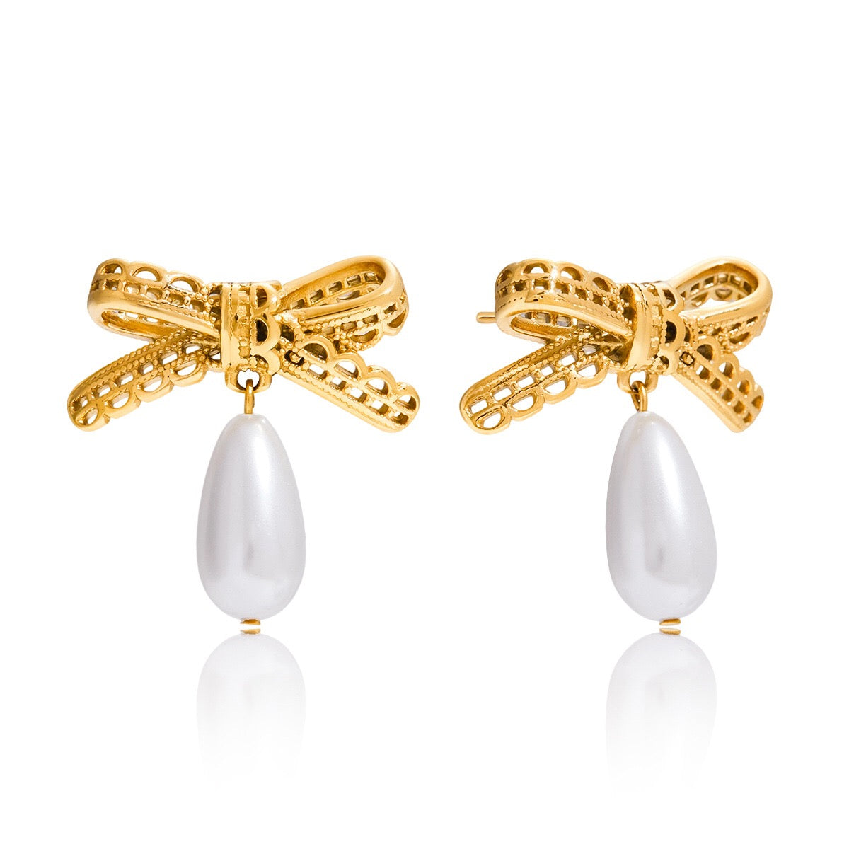 18K Gold Lace Bow Dangle Pearl Cute Stud Earrings