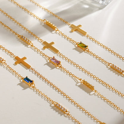 18K Gold Cross Birthstone Bracelets Set