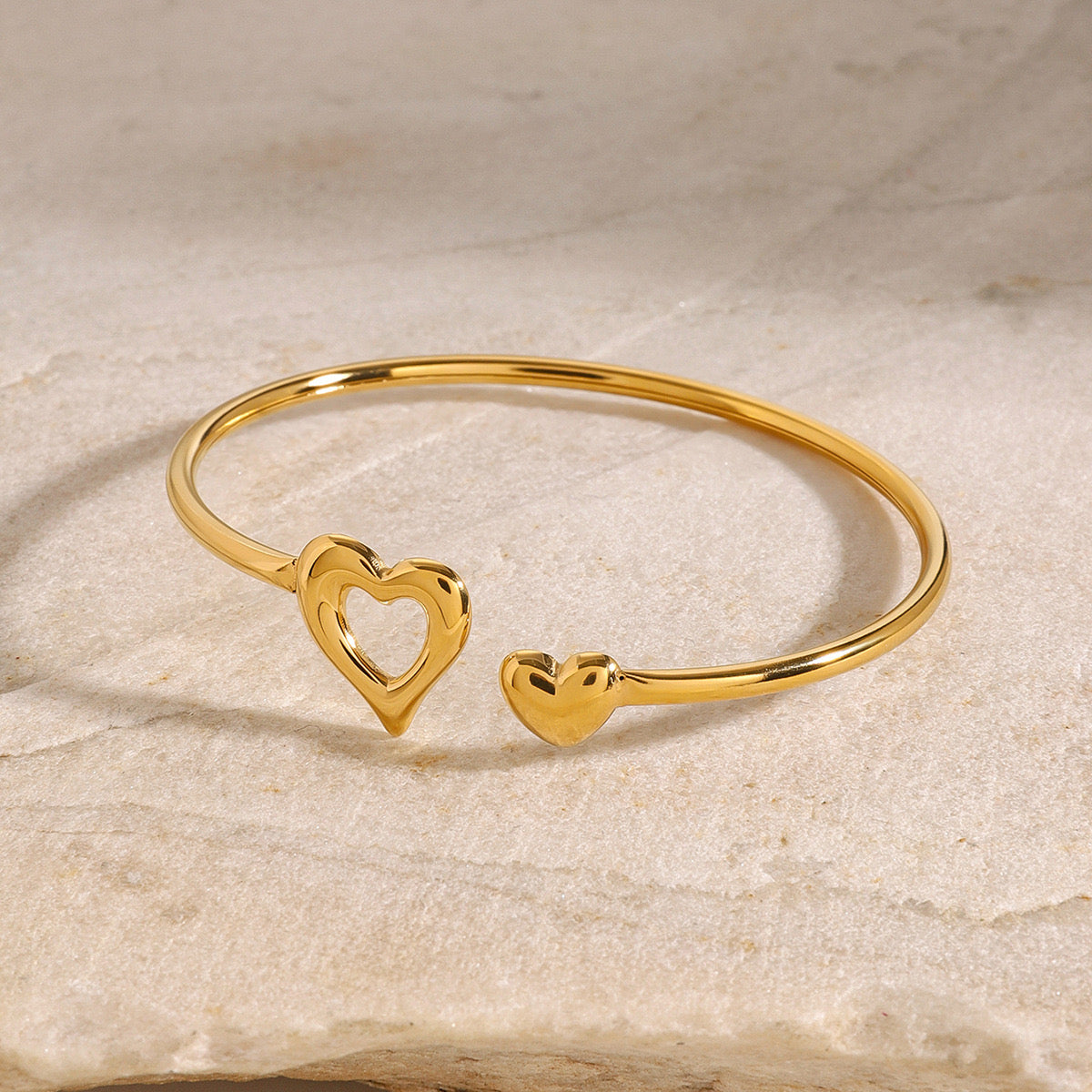18K Gold Heart to Heart Cuff Bangle Bracelet