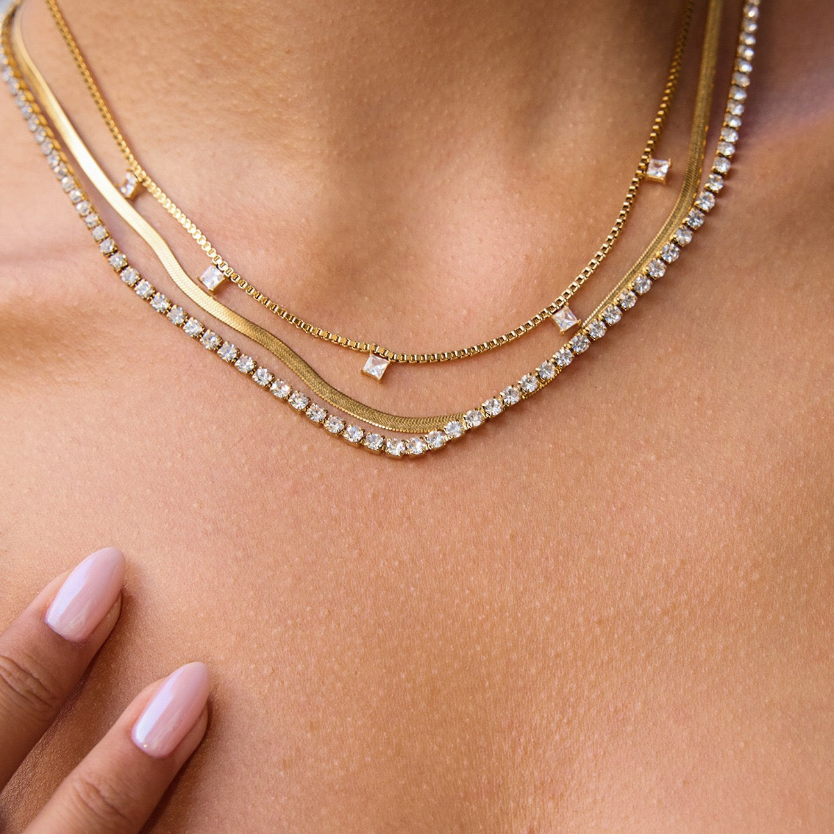 18K Gold Lavish Tennis Herringbone Snake Chain Dainty Layered Necklace Set