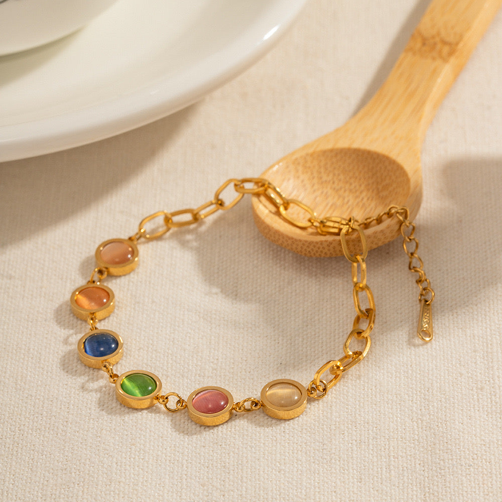 18K Gold Color Cat's Eye Gemstones Chain Bracelet