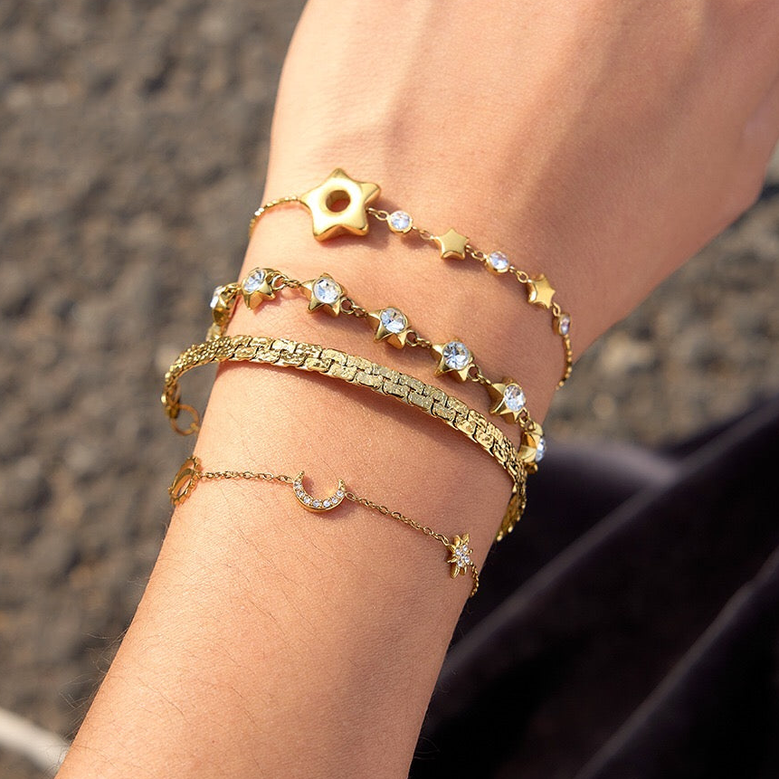18K Gold Starlight Dainty Chain Tennis Bracelet Stack – Sunrise Bling ...
