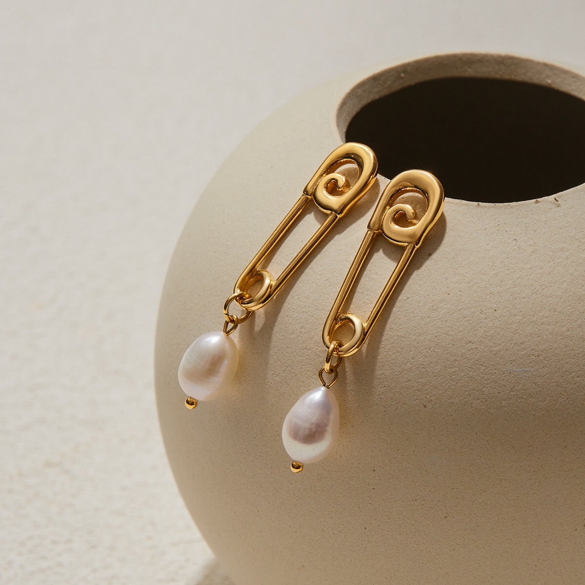 18K Gold Safety Pin Pearl Statement Dangle Stud Earrings