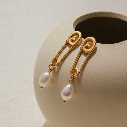 18K Gold Safety Pin Pearl Statement Dangle Stud Earrings