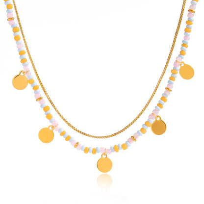 18K Gold Pastel Color Beaded Box Chain Layered Necklace Set