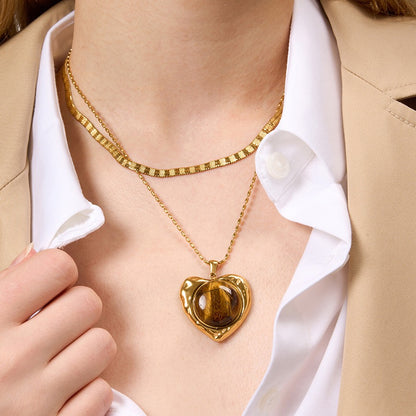 18K Gold Amber Kiss Tiger Eye Gemstone Heart Pendant Necklace