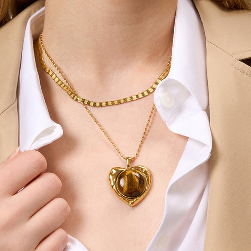 18K Gold Amber Kiss Tiger Eye Gemstone Heart Pendant Necklace