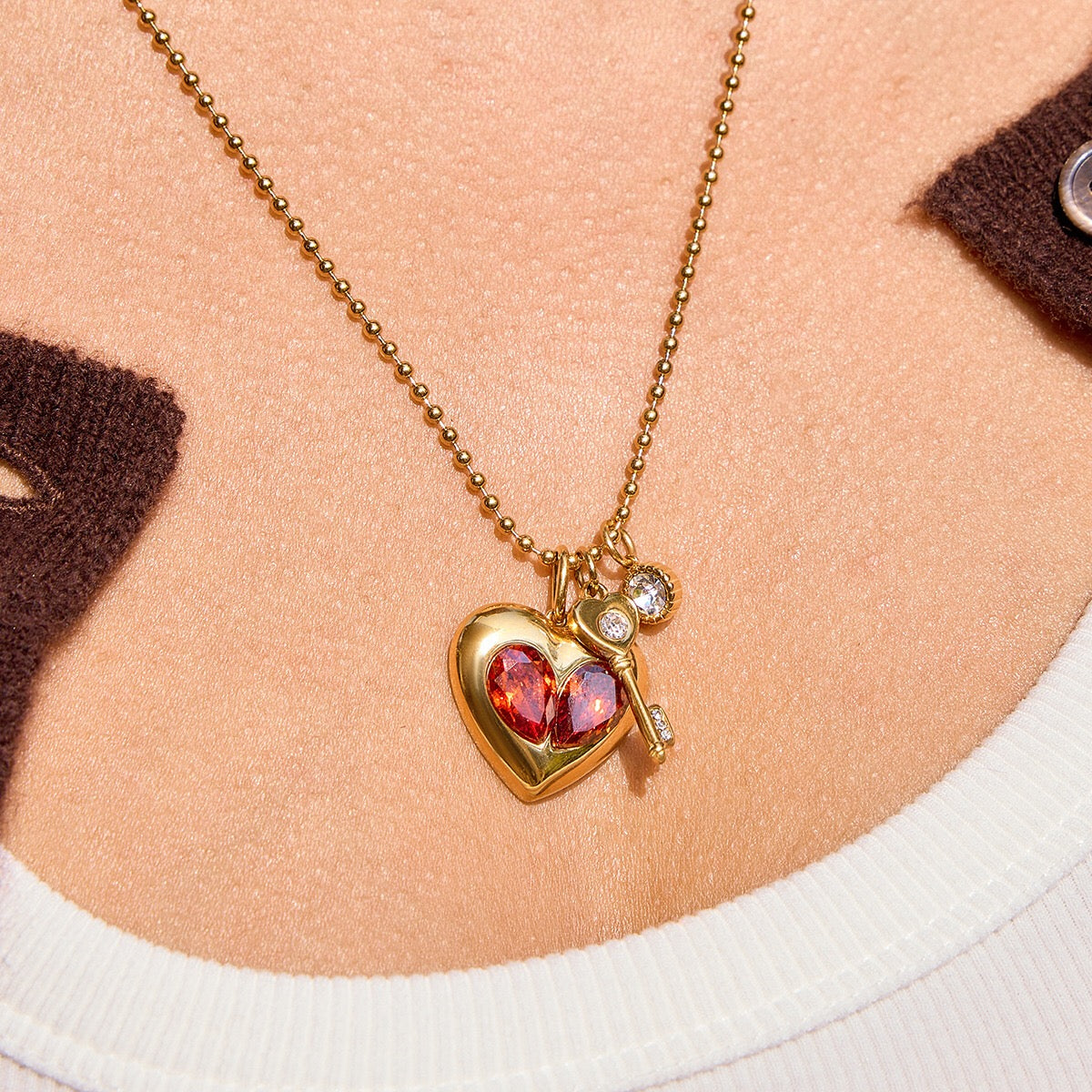 18K Gold Amour Red Heart Pendant Key Cross Charm Necklace