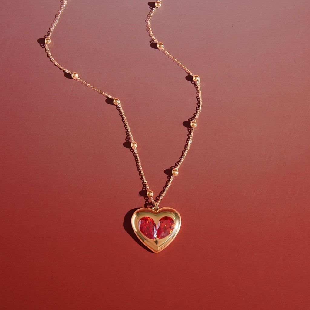 18K Gold Amour Red Heart Pendant Key Cross Charm Necklace