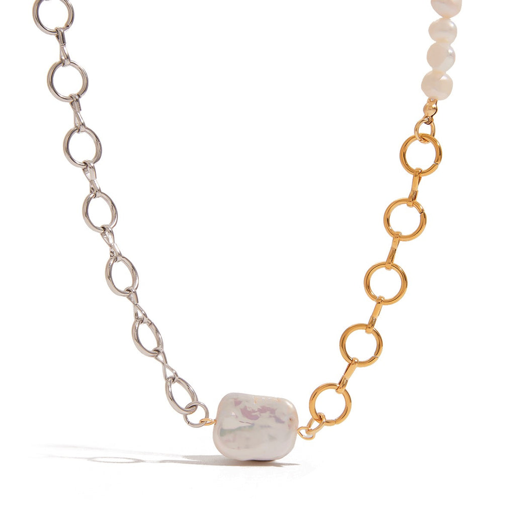 18K Gold Two Tone Chunky Beaded Pearl Paperclip Chain Layered Necklace Set