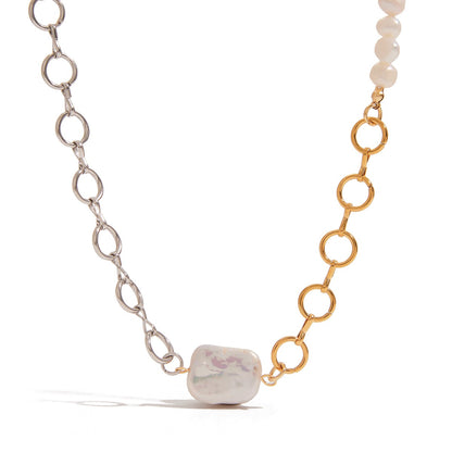 18K Gold Two Tone Chunky Beaded Pearl Paperclip Chain Layered Necklace Set