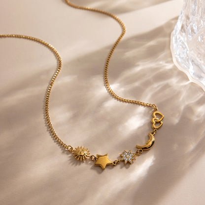 18K Gold Celestial Dream Sun Moon Star Heart Charm Necklace