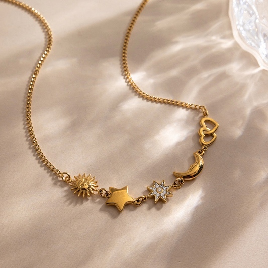 18K Gold Celestial Dream Sun Moon Star Heart Charm Necklace