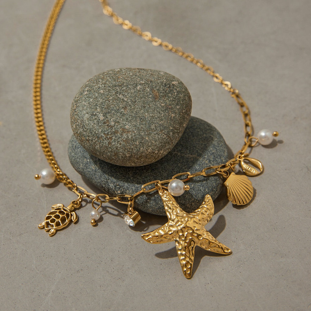 18K Gold Starfish Beach Pearl Beads Charm Necklace
