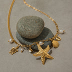 18K Gold Starfish Beach Pearl Beads Charm Necklace