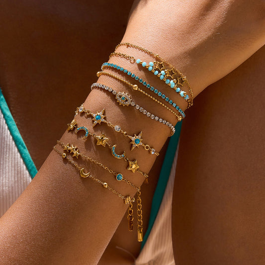 18K Gold Blue Winter Wonderland Moon and Stars Tennis Bracelet Stack