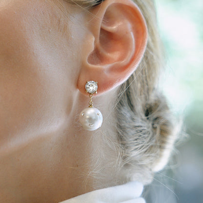 18K Gold Eternal Gleam Pearl Drop CZ Stud Dangle Earrings