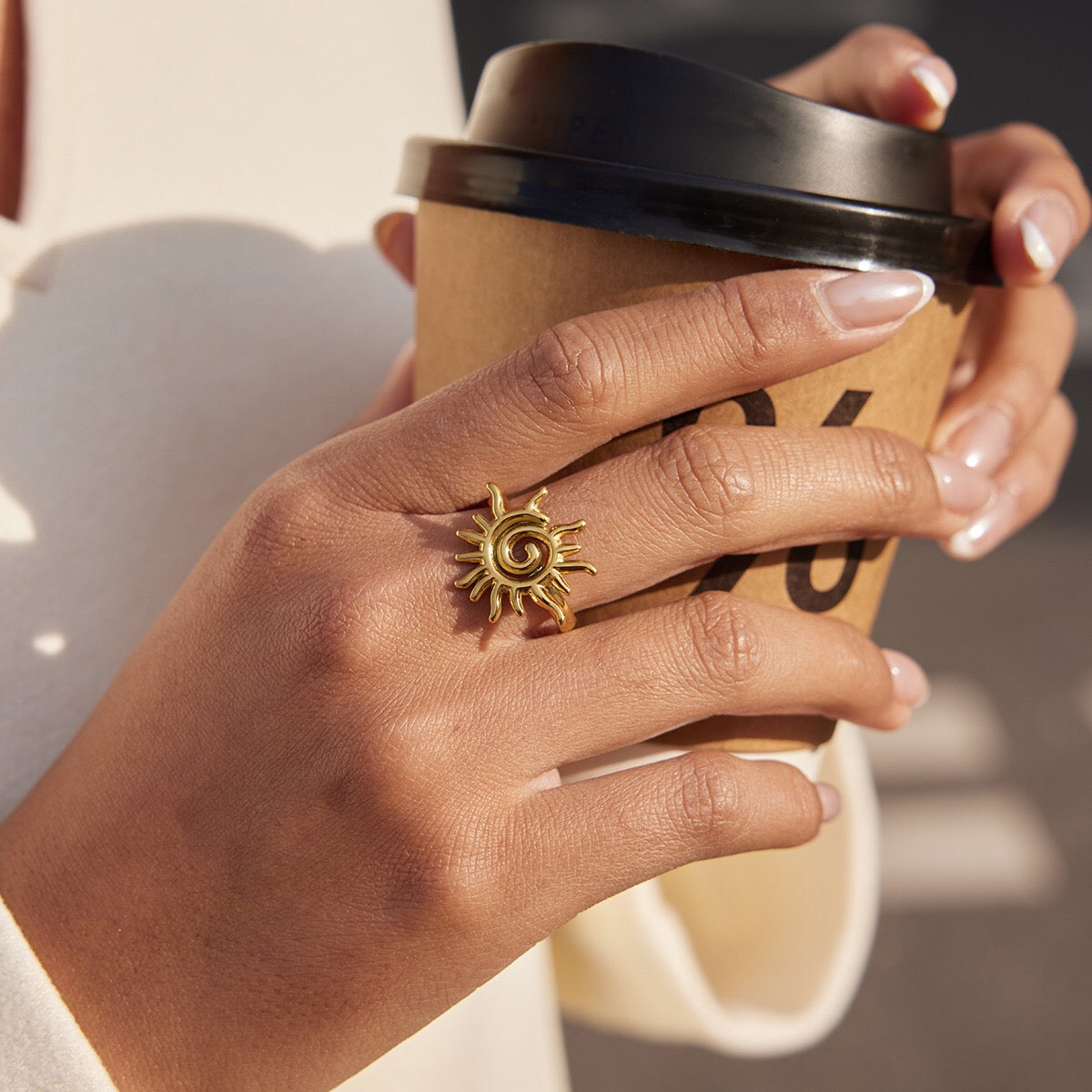 18K Gold Golden Spiral Sun Statement Ring