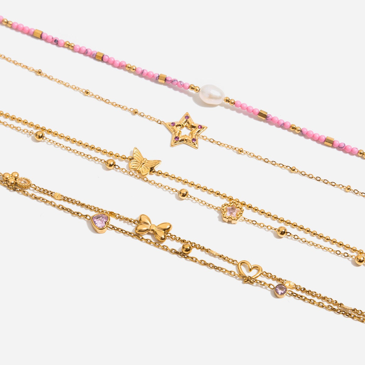 18K Gold Pink Princess Clean Girl Star Bow Heart Dainty Chain Bracelet Stack