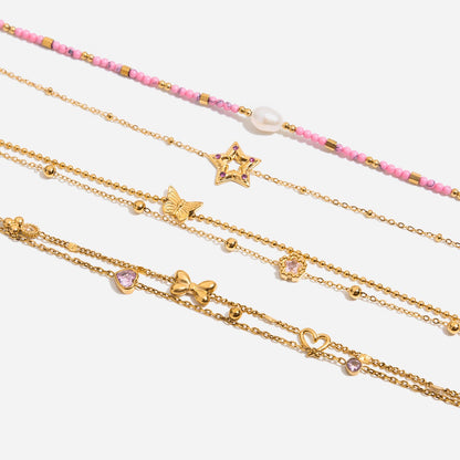 18K Gold Pink Princess Clean Girl Star Bow Heart Dainty Chain Bracelet Stack