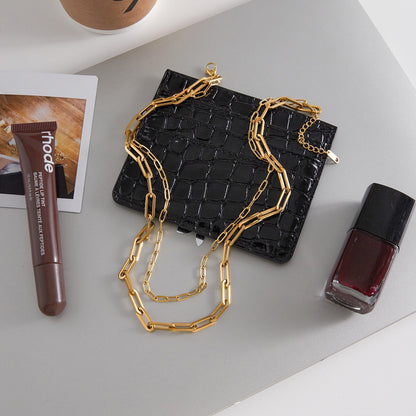 18K Gold Modern Edge Paper Clip Double Chain Layered Necklace Set