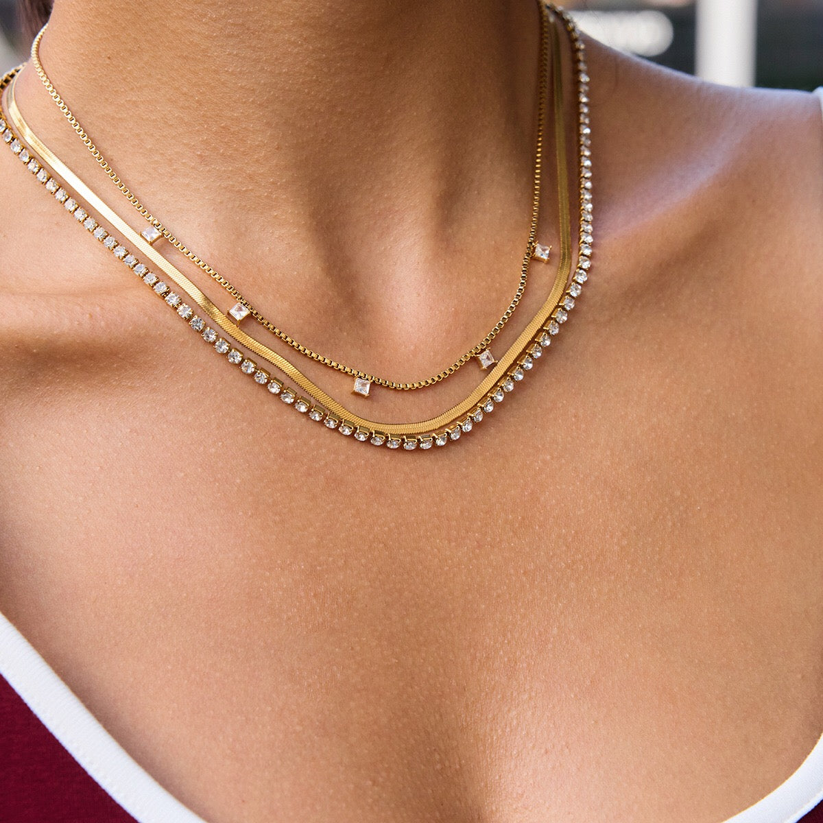 18K Gold Lavish Tennis Herringbone Snake Chain Dainty Layered Necklace Set