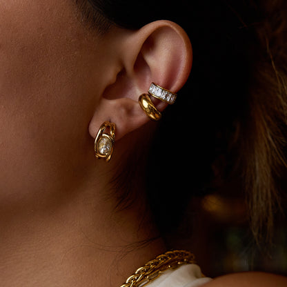 18K Gold Bling Statement Huggie Earrings Ear Cuff Set