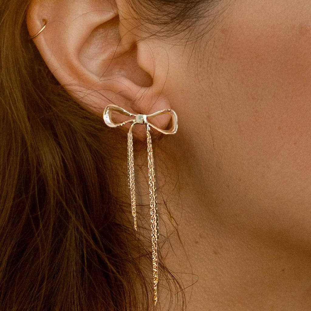 18K Gold Coquette Bow Dangle Drop Earrings